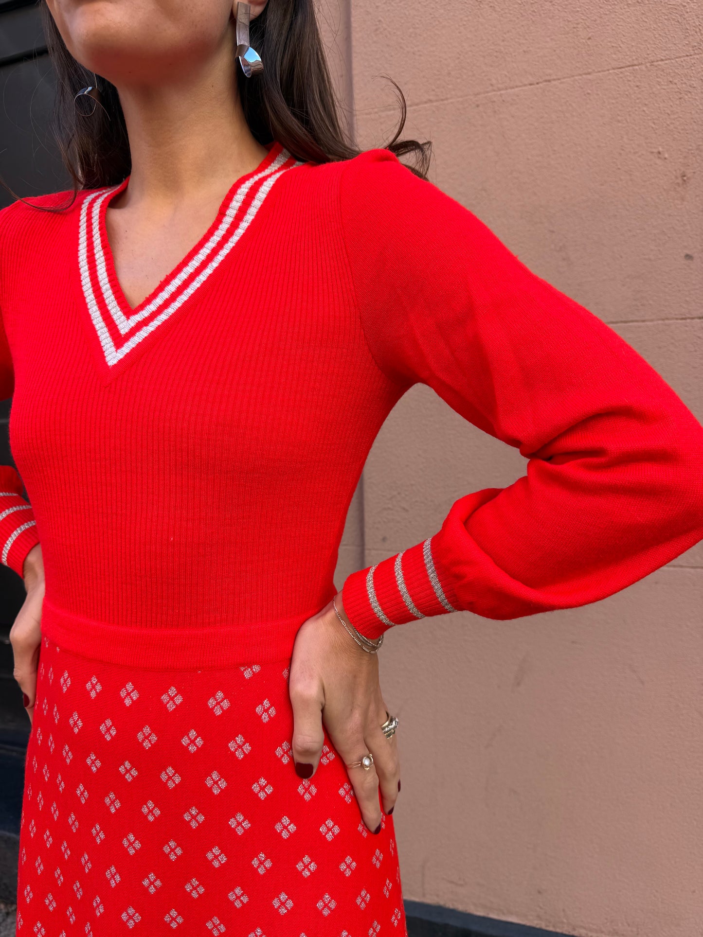 70s Red Knit Maxi Dress w silver detail