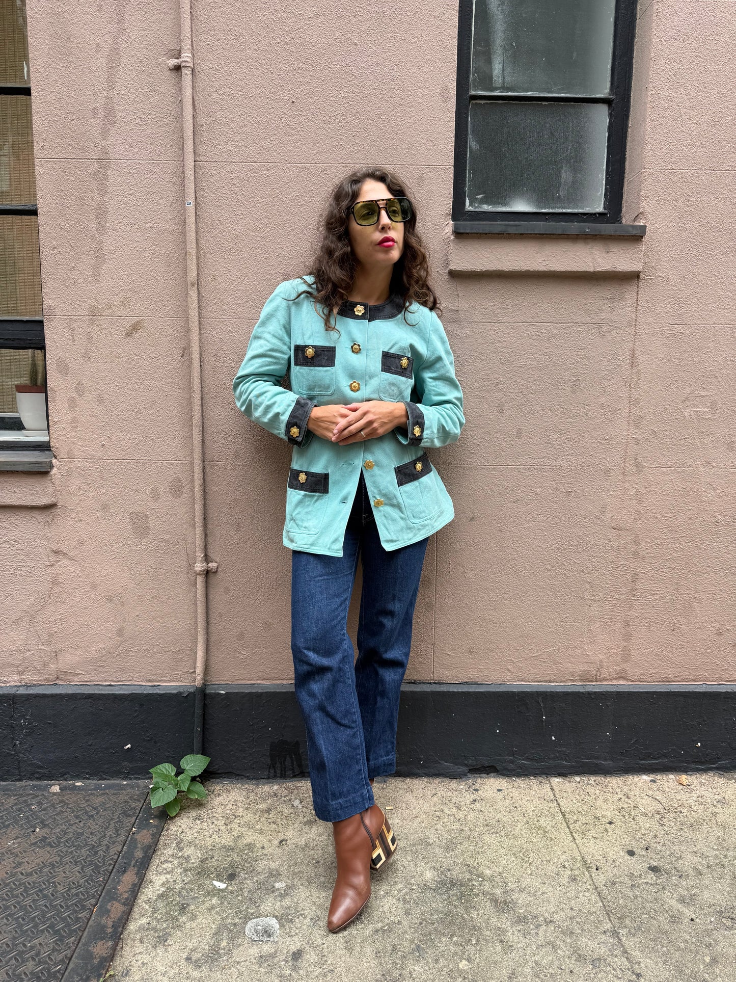 90s Maud Defossez turquoise denim jacket gold flower buttons