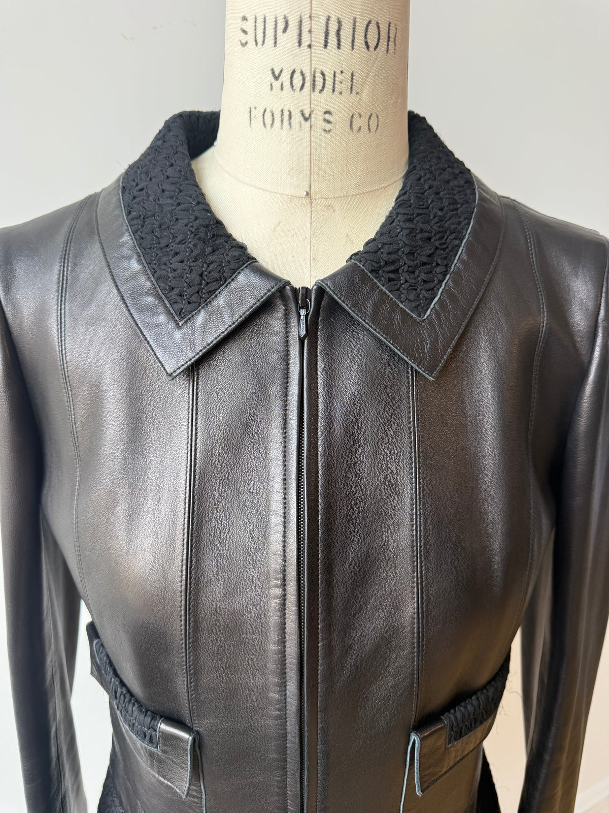 2004 Chanel Leather Jacket w Zipper & Silk Trim