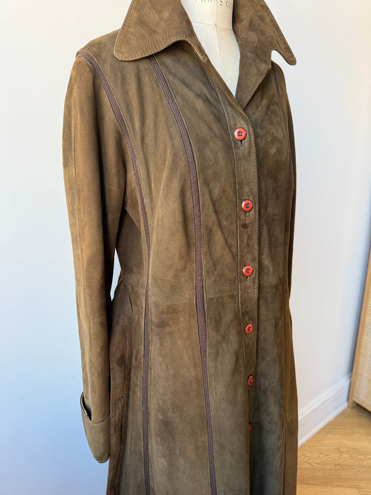 70s Brown Suede Trench w. knit details & belt