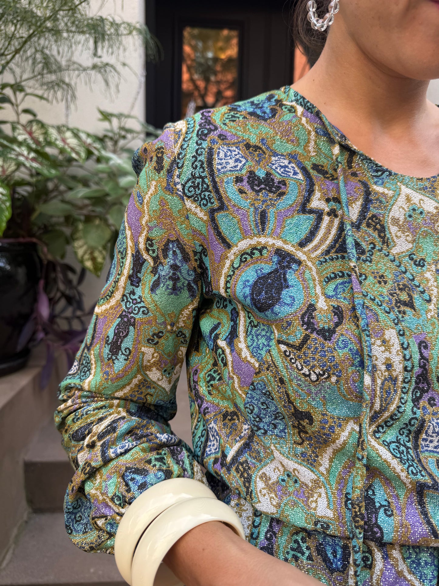 1970s French Lurex Paisley Print Dress