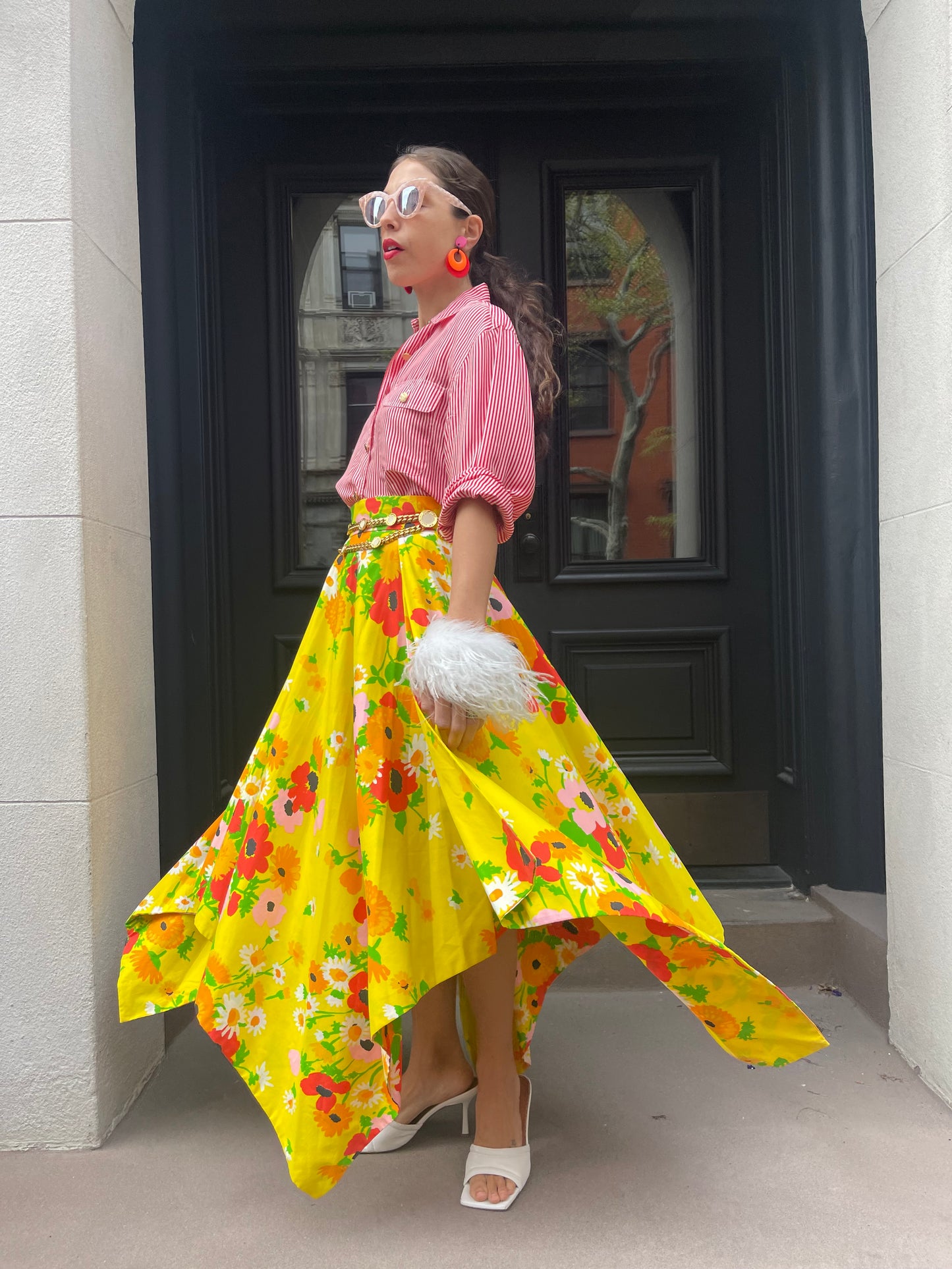 60s yellow floral print wrap skirt, 28-30" waist