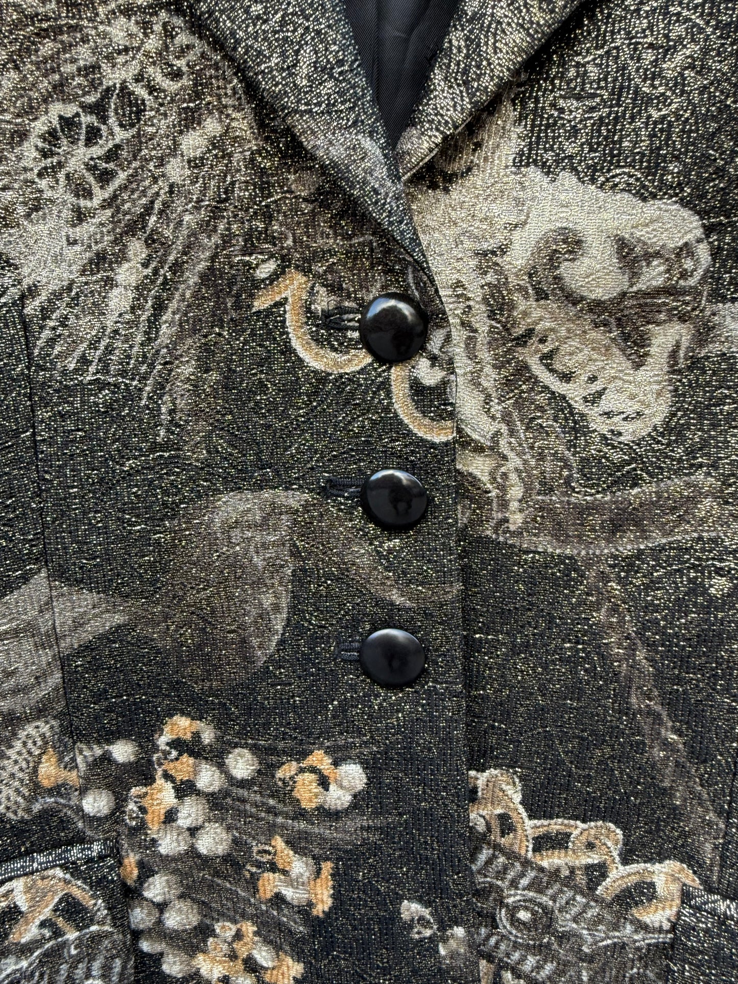 90s Louis Feraud Metallic Evening Blazer - Black & Gold Baroque Print