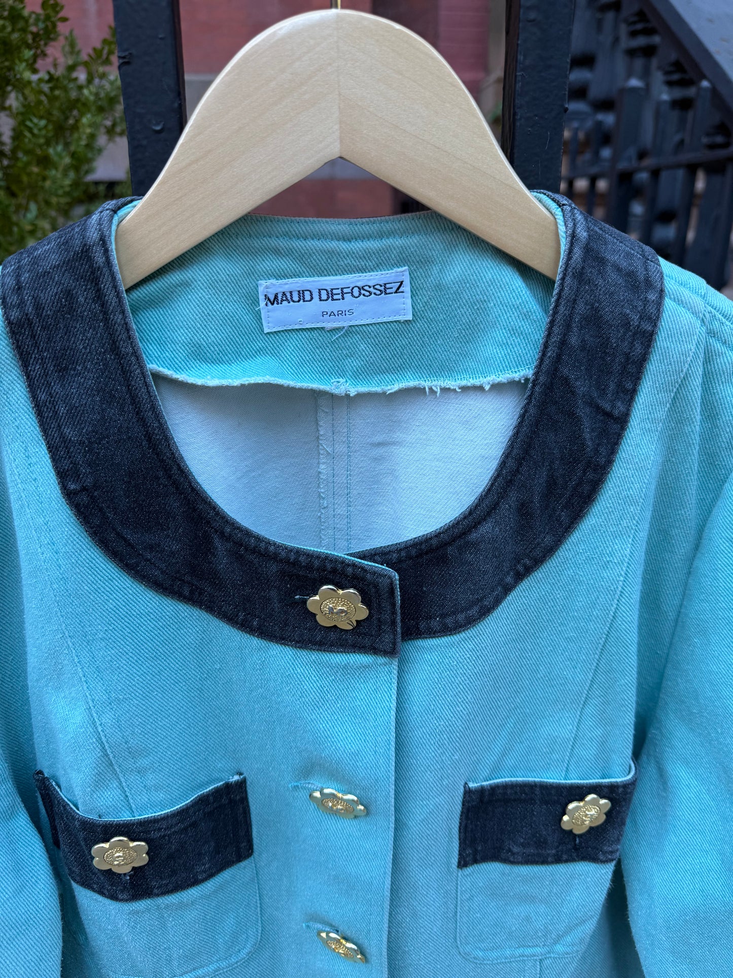 90s Maud Defossez turquoise denim jacket gold flower buttons