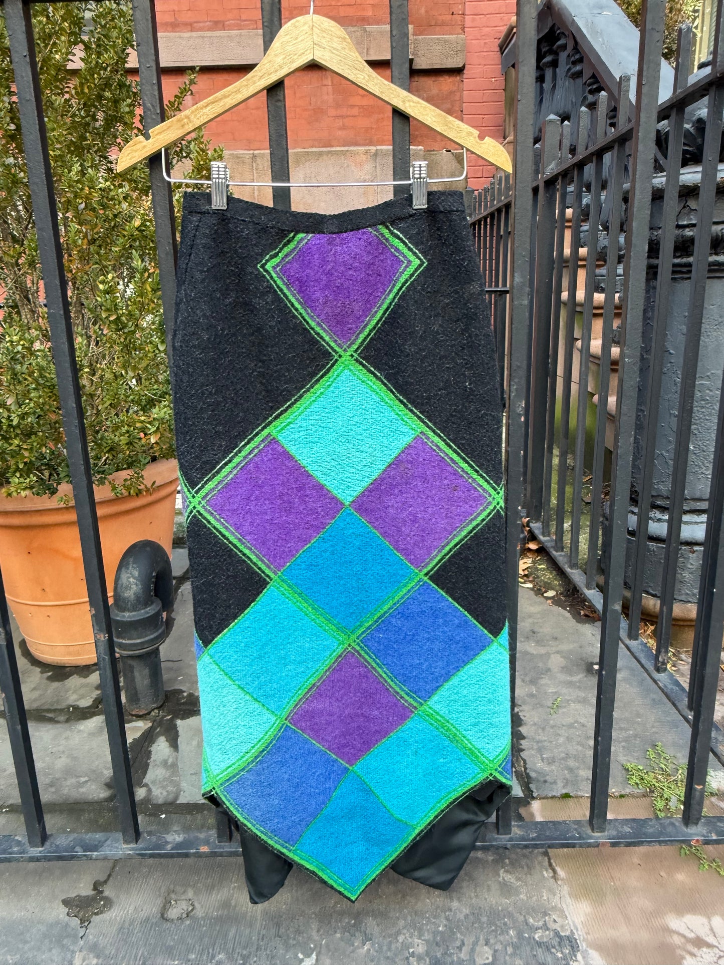 70s Wool Argyle Maxi Skirt with Asymmetrical Hem