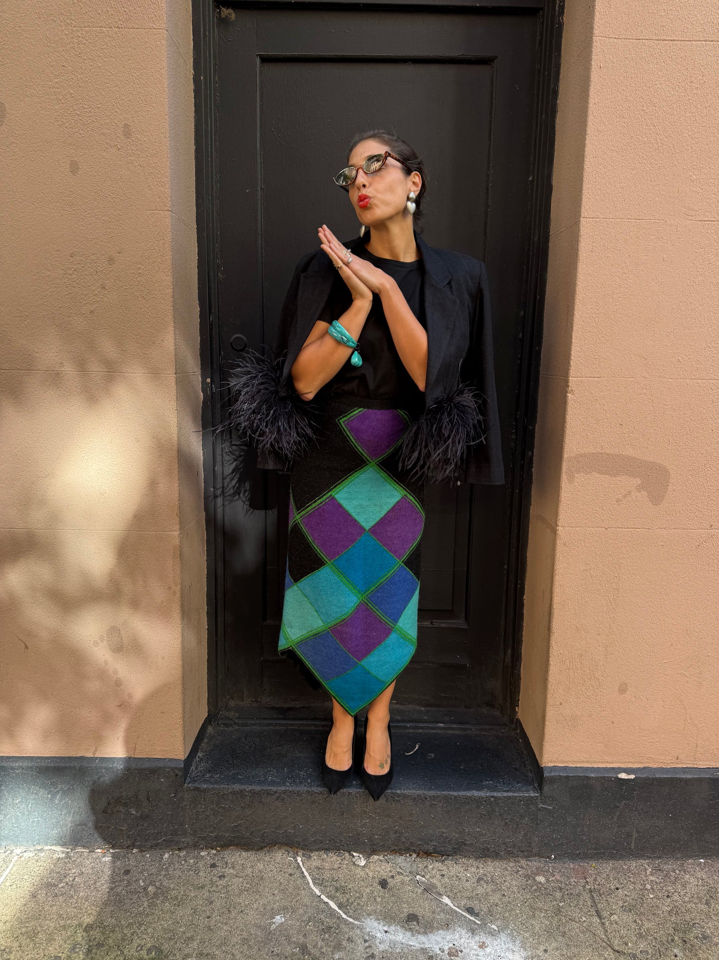 70s Wool Argyle Maxi Skirt with Asymmetrical Hem