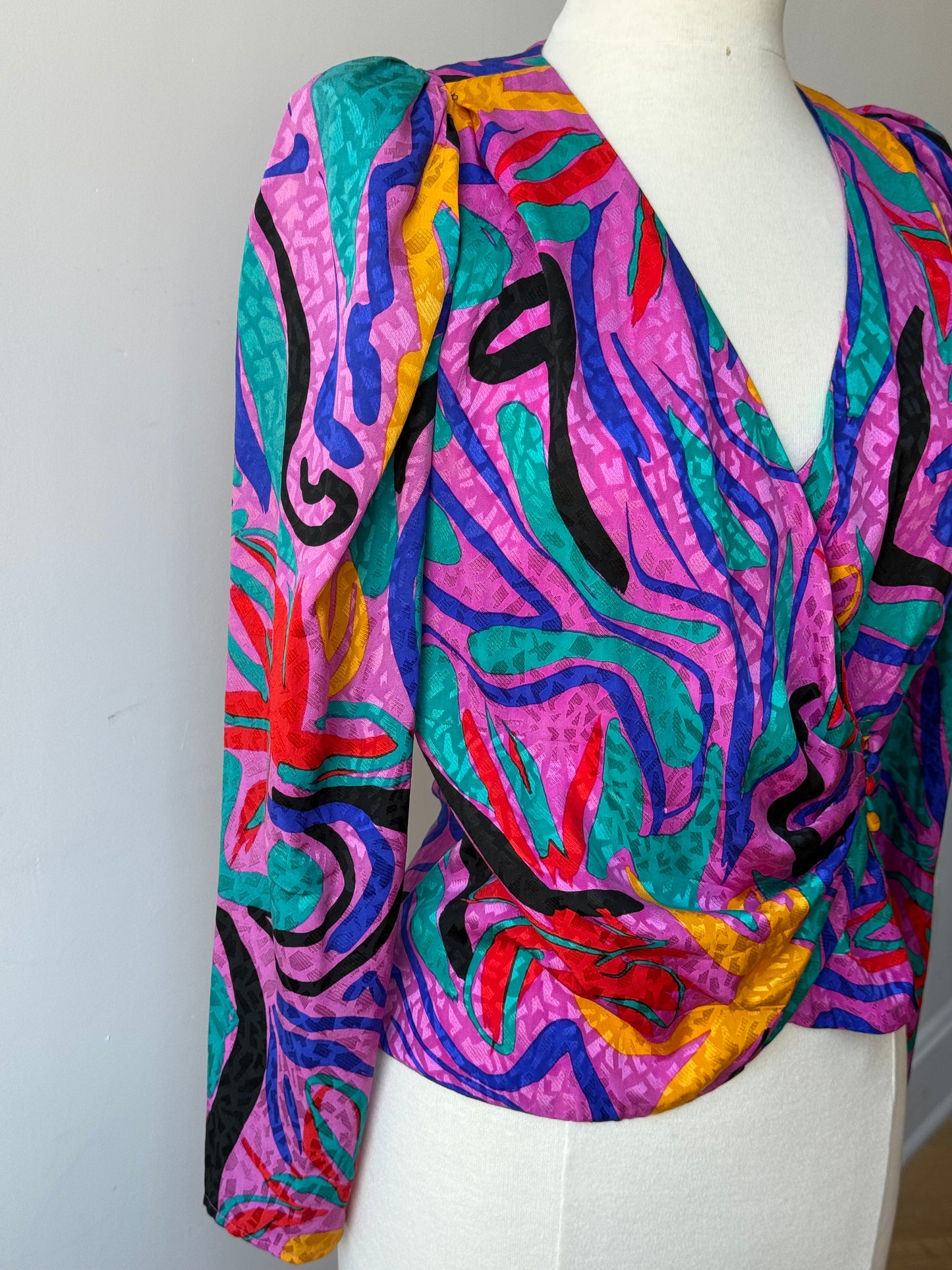 80s Flora Kung Multicolor Silk Blouse