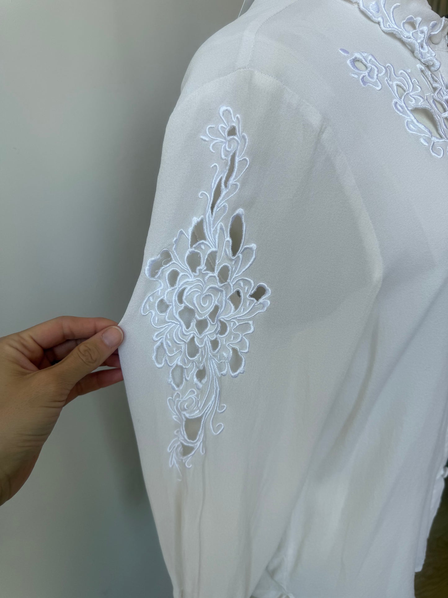 90s Bob Mackie White Silk Cutaway & Embroidered Blouse
