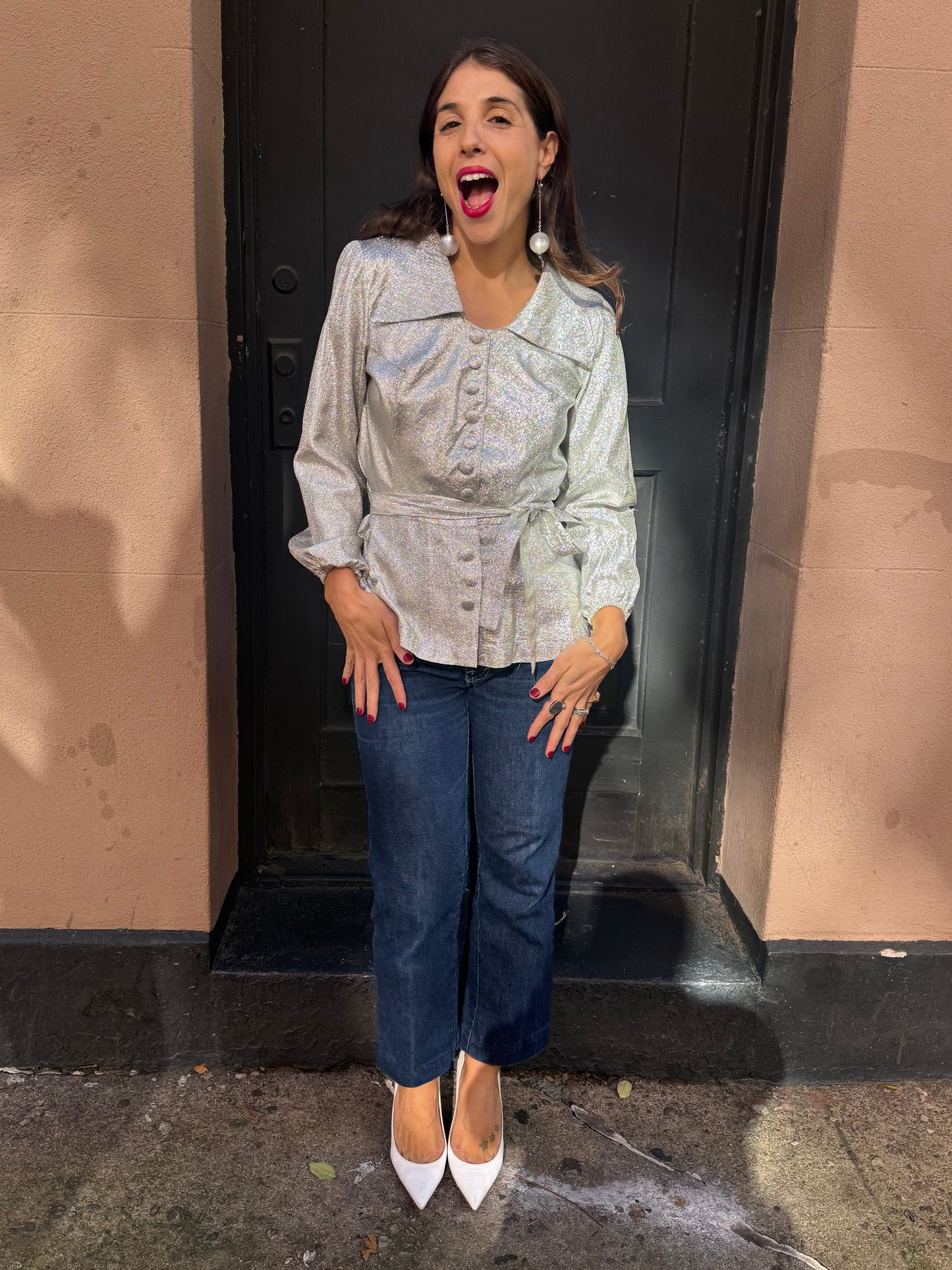 60s French Silver Lame Peplum Blouse