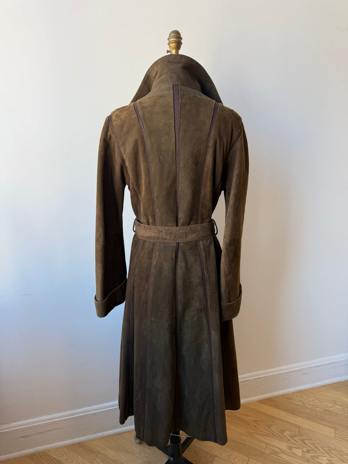 70s Brown Suede Trench w. knit details & belt