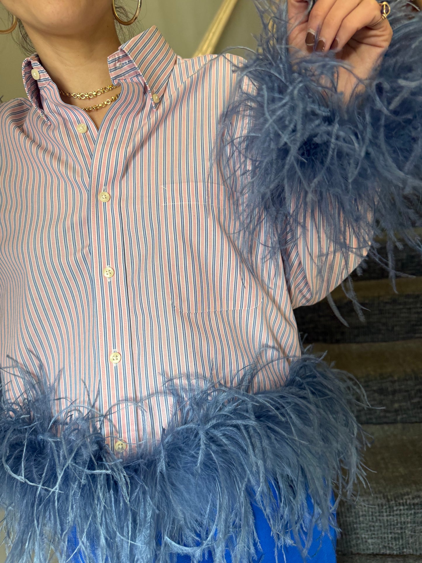 The Colette Feather Shirt - Pink & Blue Stripe and denim