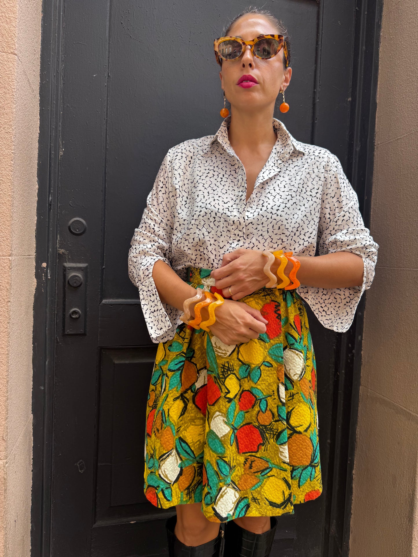 70s Rodier Black & White Print Silky Blouse