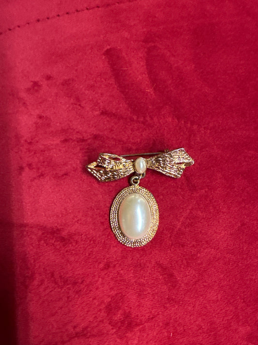 Bow Brooch with Pearl Dangle