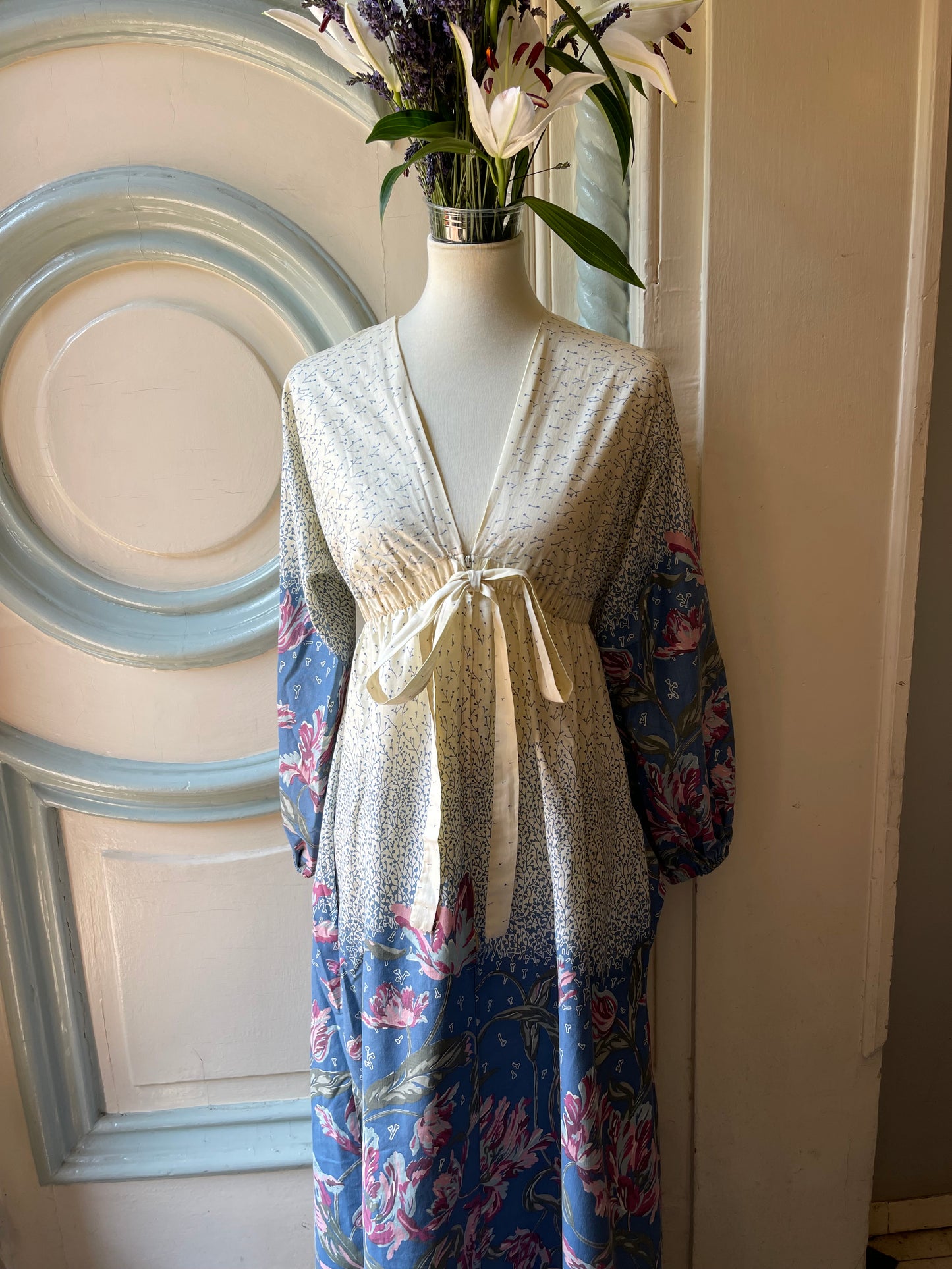 70s Blue, White & Pink Floral Maxi, Medium