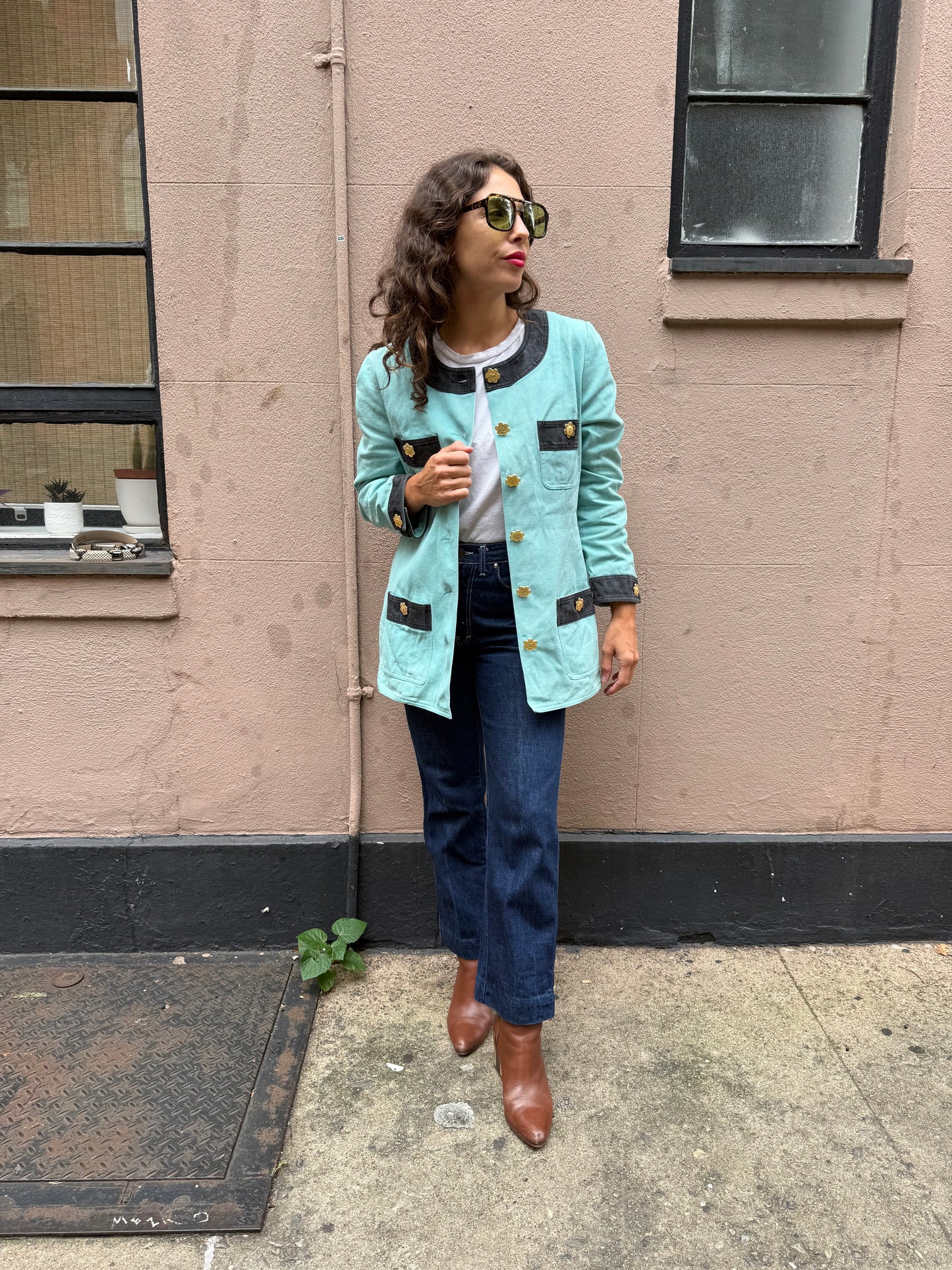 90s Maud Defossez turquoise denim jacket gold flower buttons