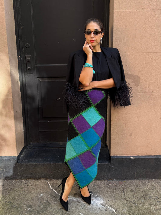 70s Wool Argyle Maxi Skirt with Asymmetrical Hem