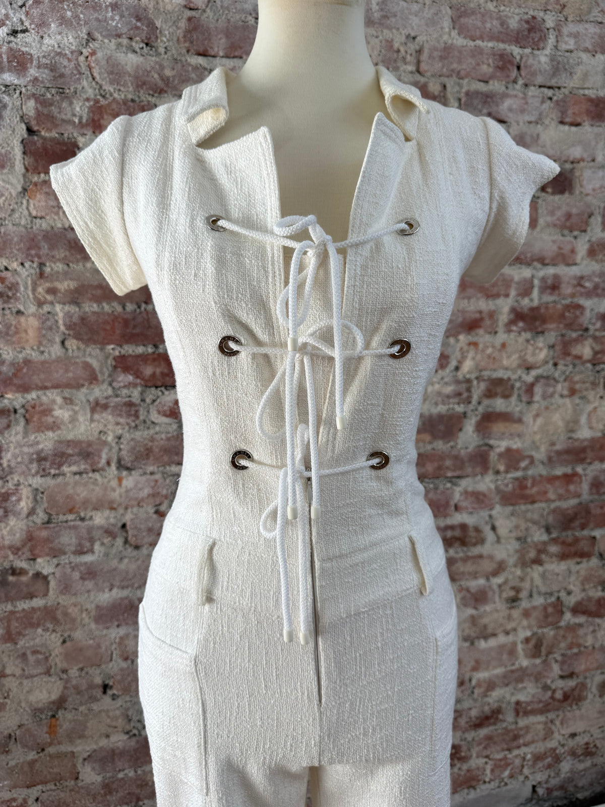 2007 Chanel Cruise Runway Collection White Lace Up Cotton Jumpsuit