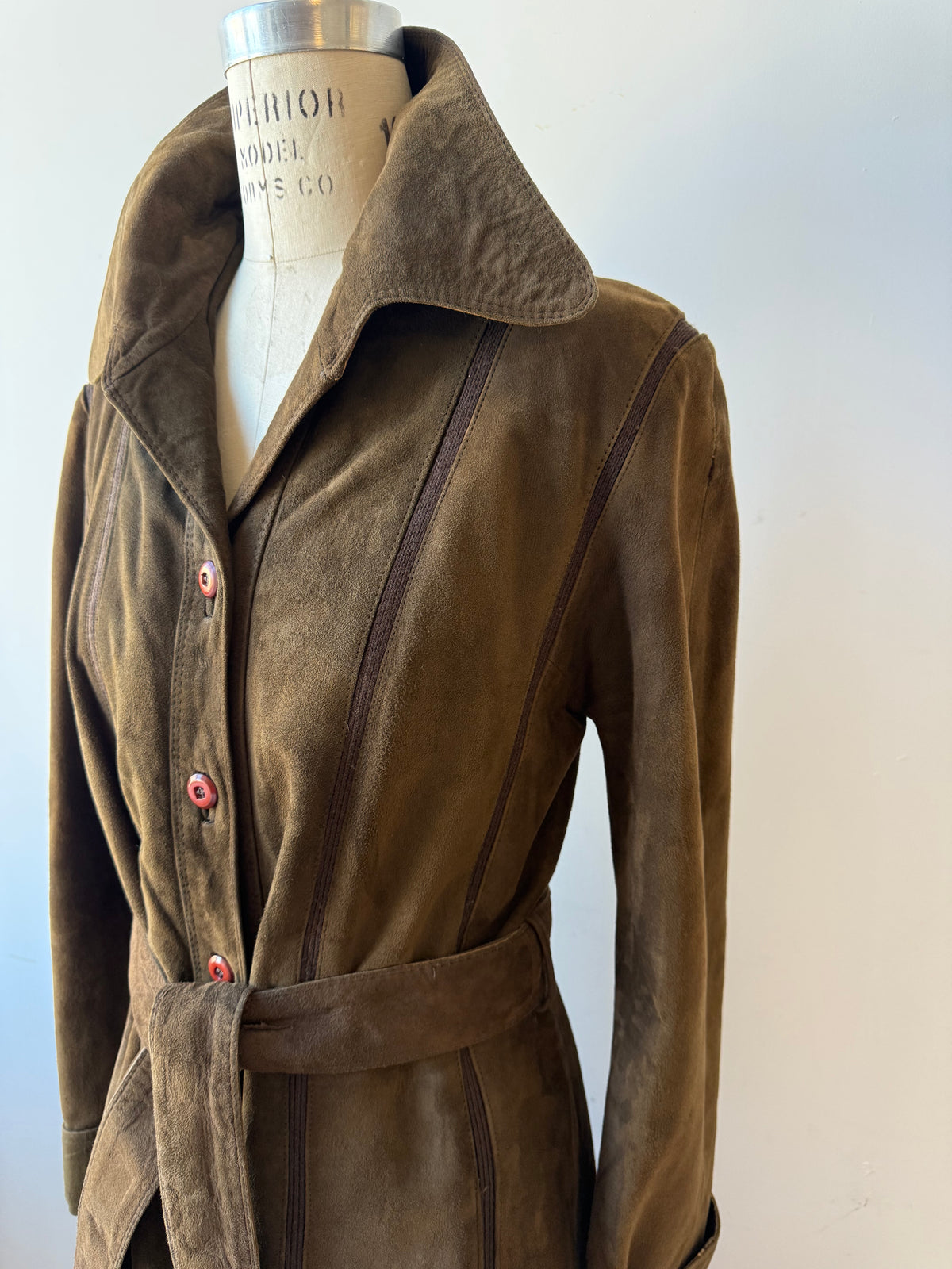 70s Brown Suede Trench w. knit details & belt
