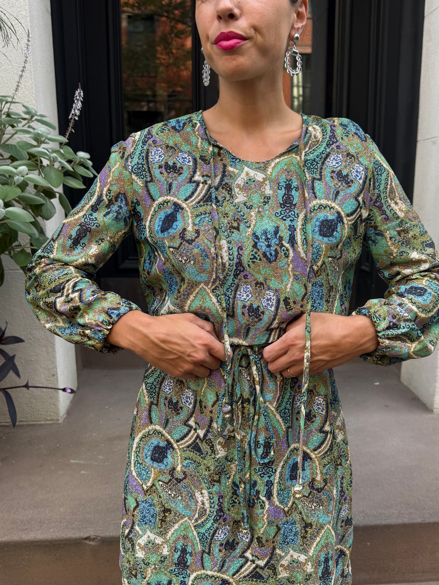 1970s French Lurex Paisley Print Dress
