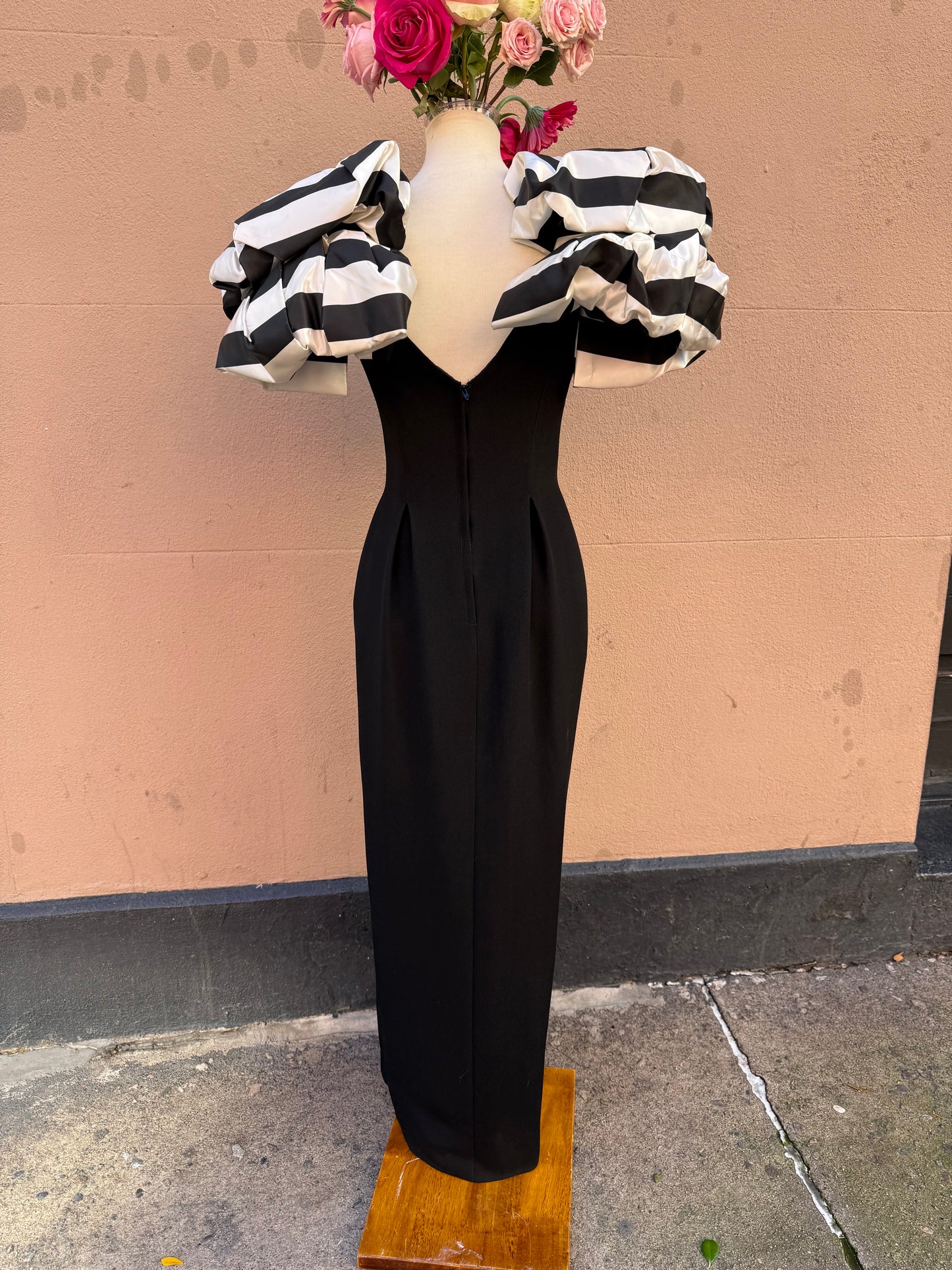 80s RARE Victor Costa black striped bow shoulder gown