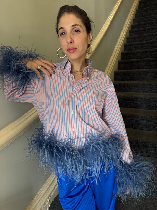 The Colette Feather Shirt - Pink & Blue Stripe and denim