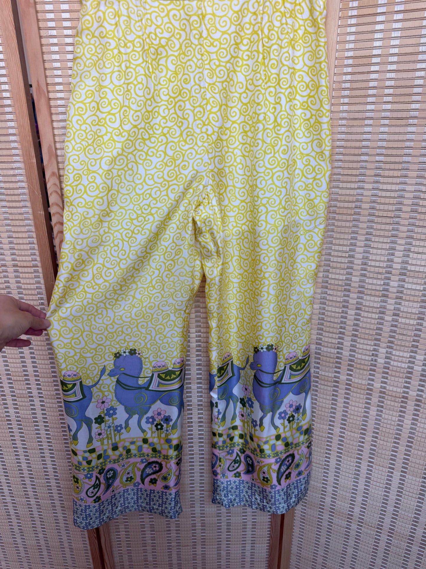70s Yellow Silk Novelty Print Wide Leg Pant
