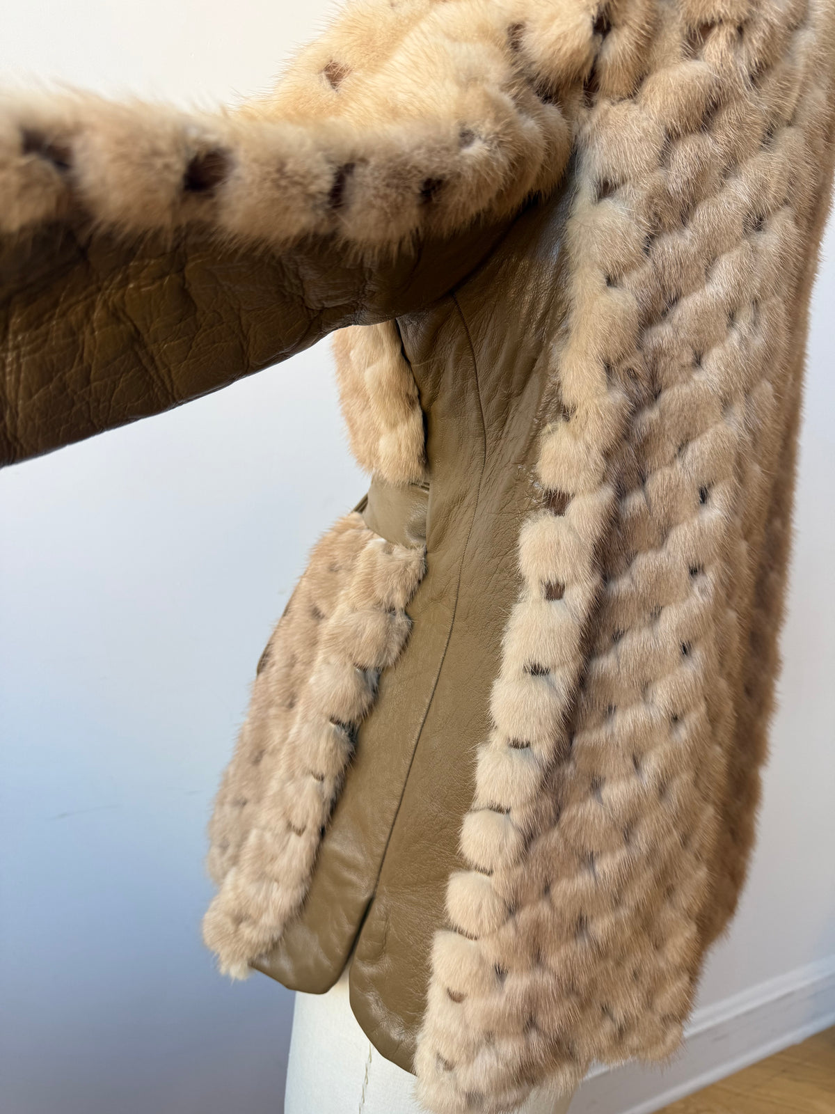70s Beige Mink & Leather Coat . Belt