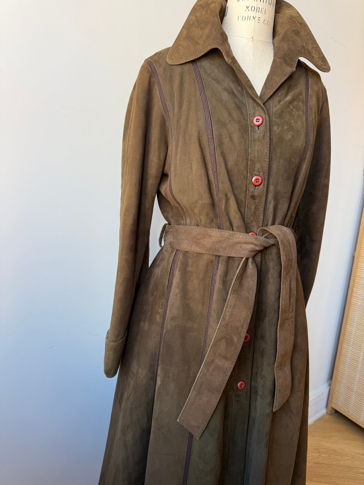 70s Brown Suede Trench w. knit details & belt