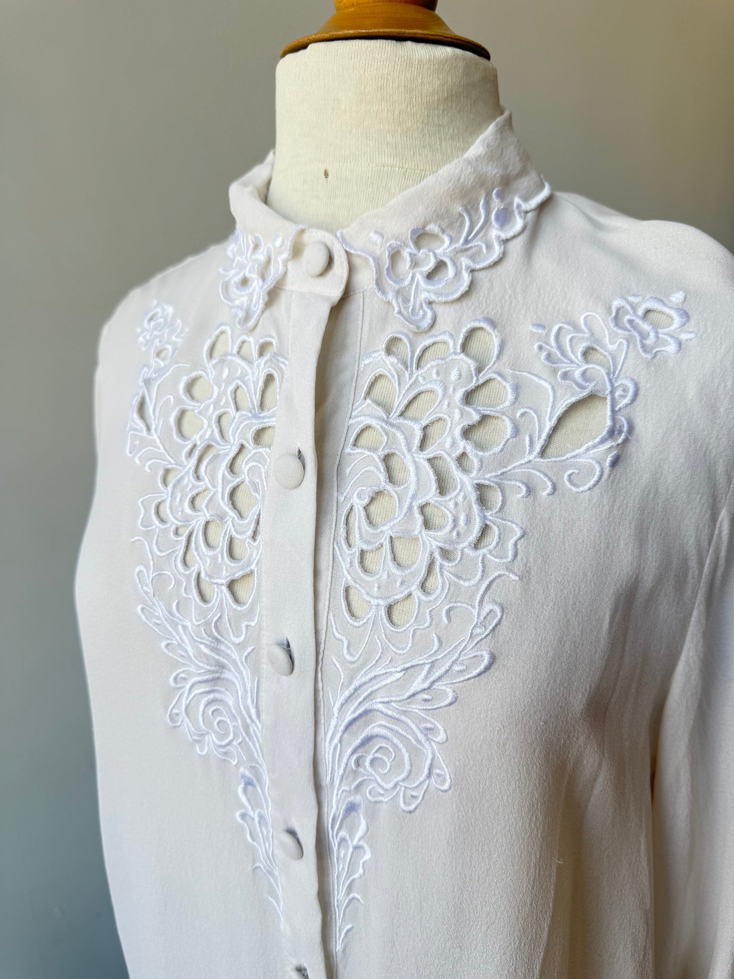 90s Bob Mackie White Silk Cutaway & Embroidered Blouse