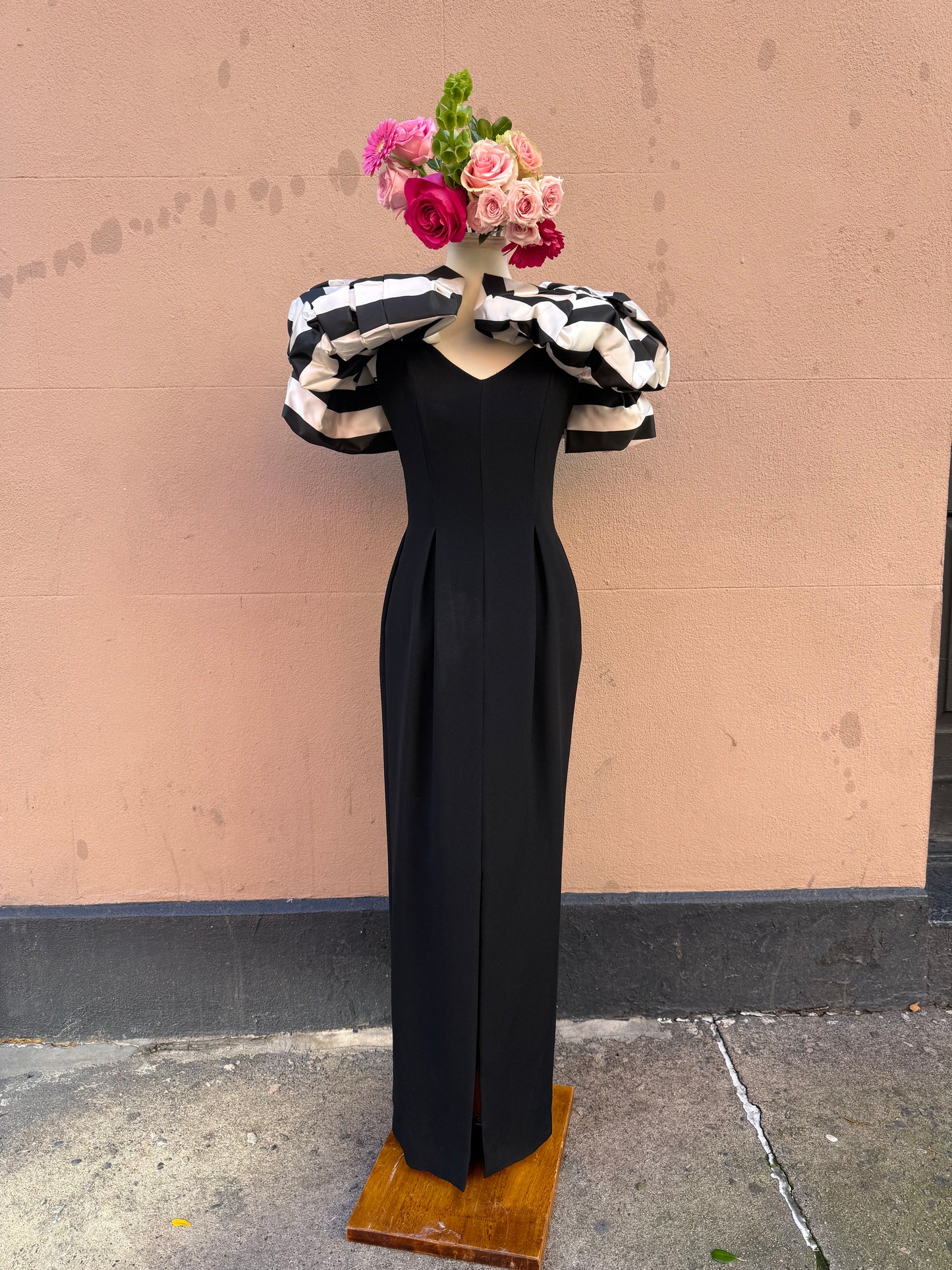 80s RARE Victor Costa black striped bow shoulder gown