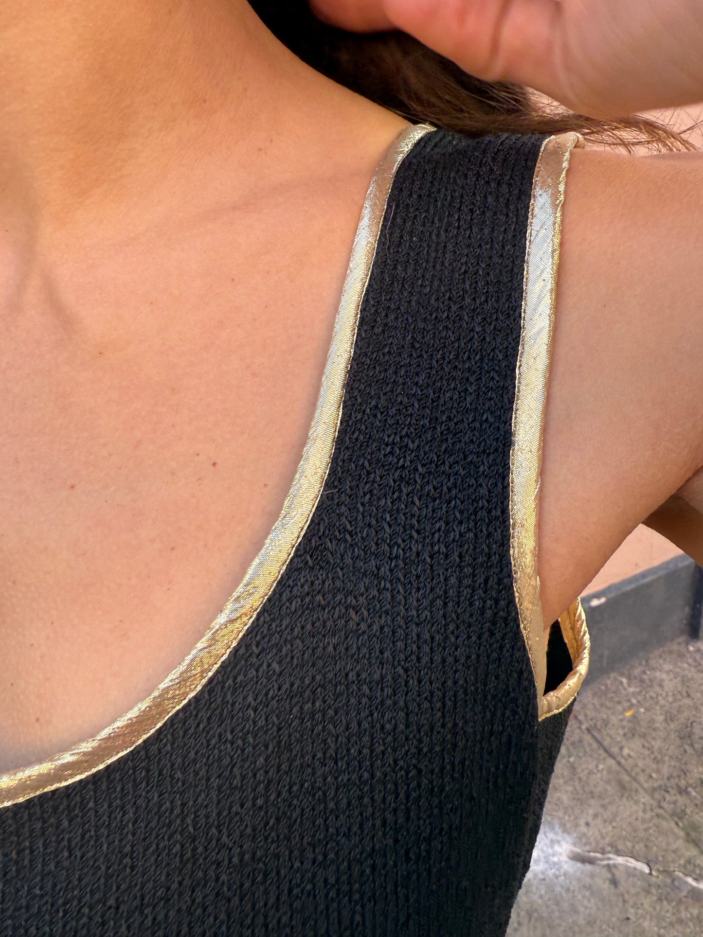 Vintage Italian Black Knit Dress with Gold Trim