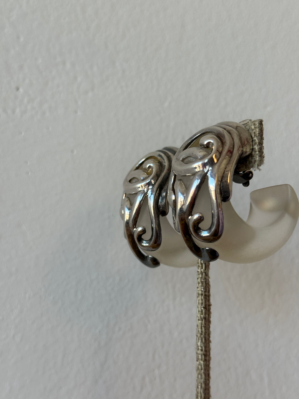 Vintage Sculptural Silver-Tone & Clear Acrylic Earrings