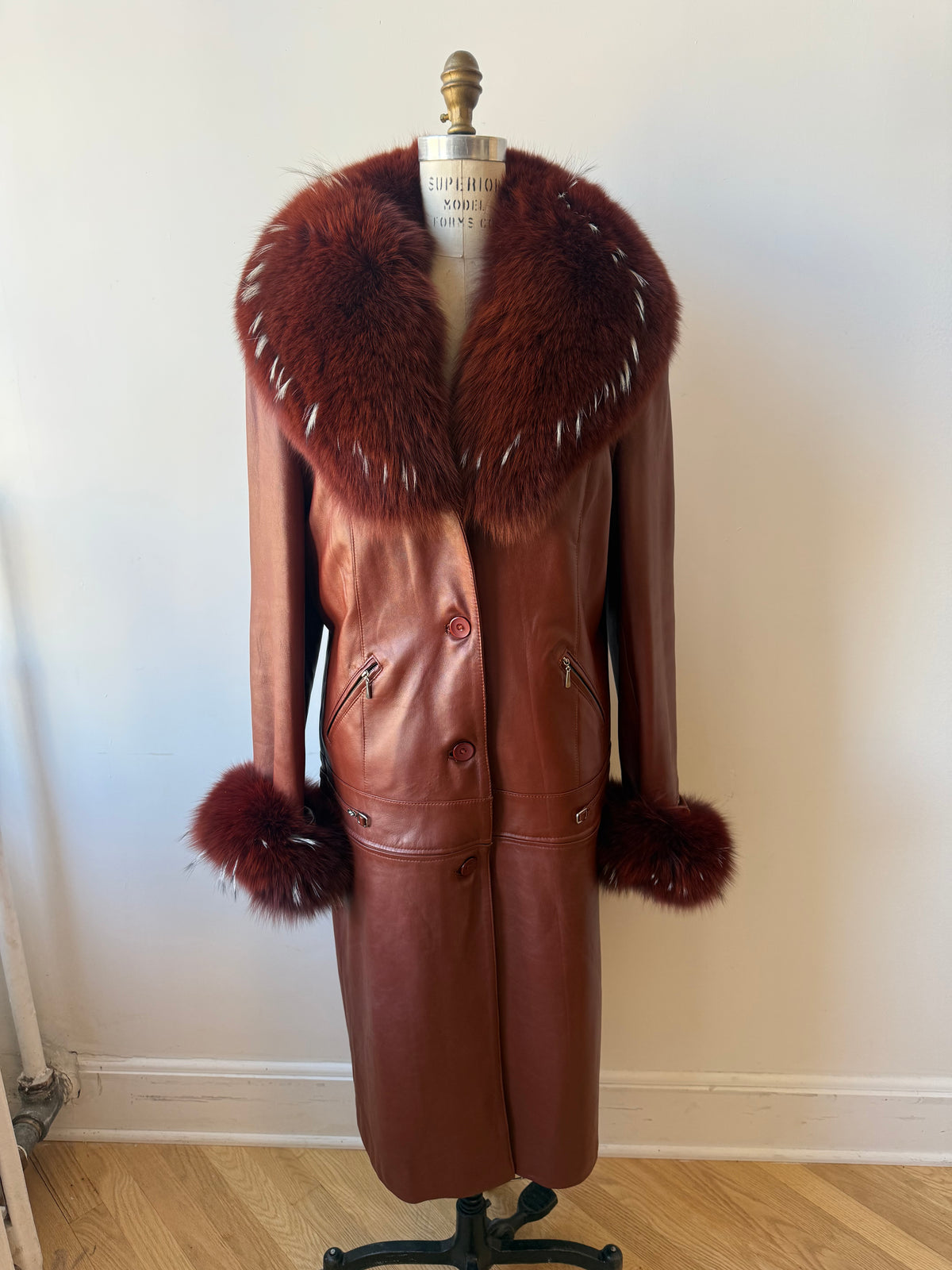 90s/Y2K Leather Trench with Dyed Fox Fur Collar & Cuffs