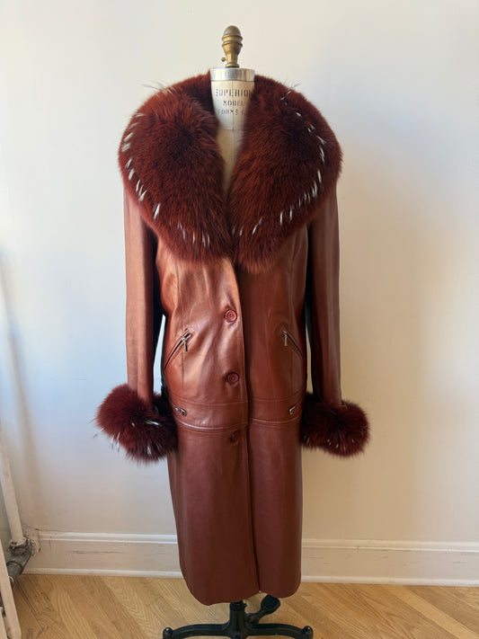 90s/Y2K Leather Trench with Dyed Fox Fur Collar & Cuffs