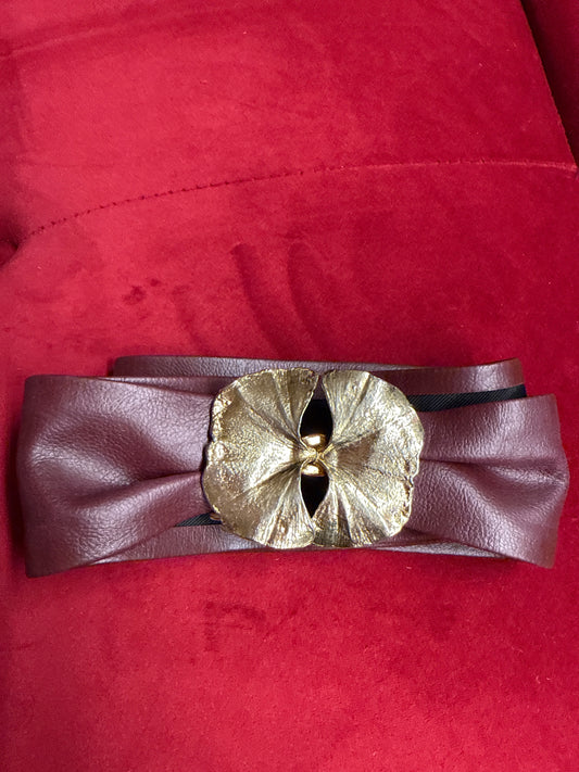 80s Burgundy Leather belt adjustable with petal buckle