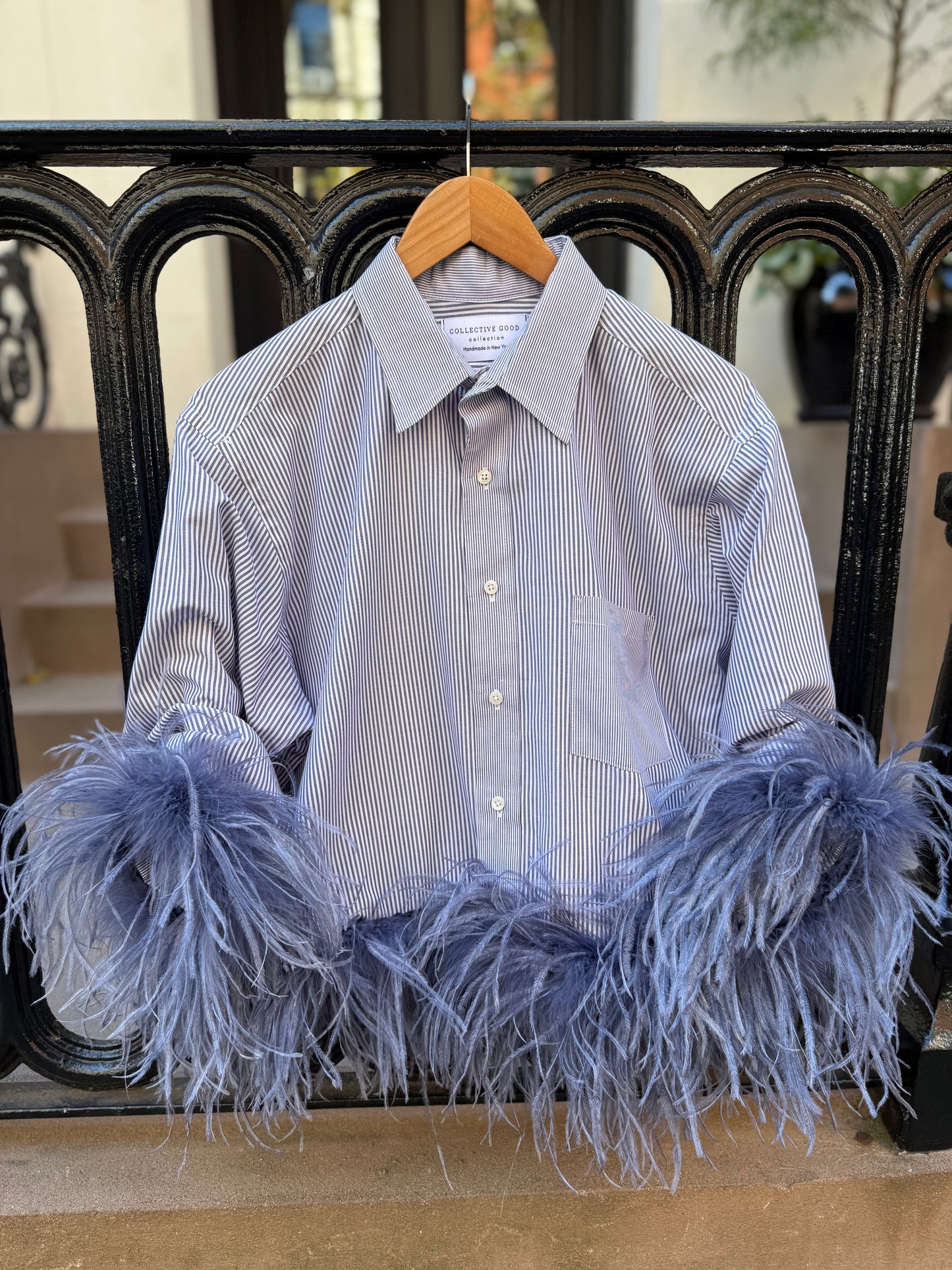 The Colette Feather Shirt - White/Navy Pinstripe & Denim