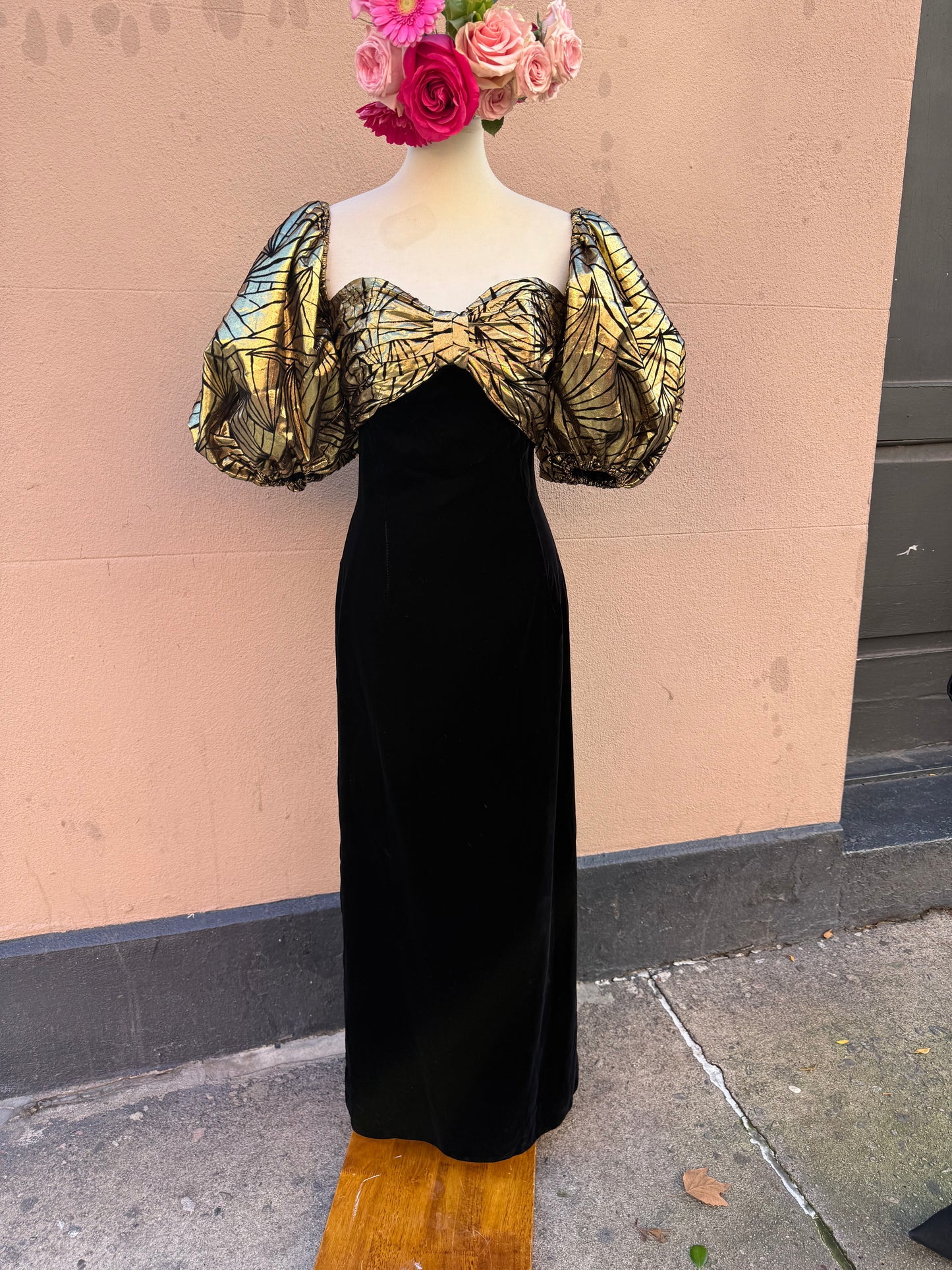 80s Victor Costa Gold Puff Sleeve Gown