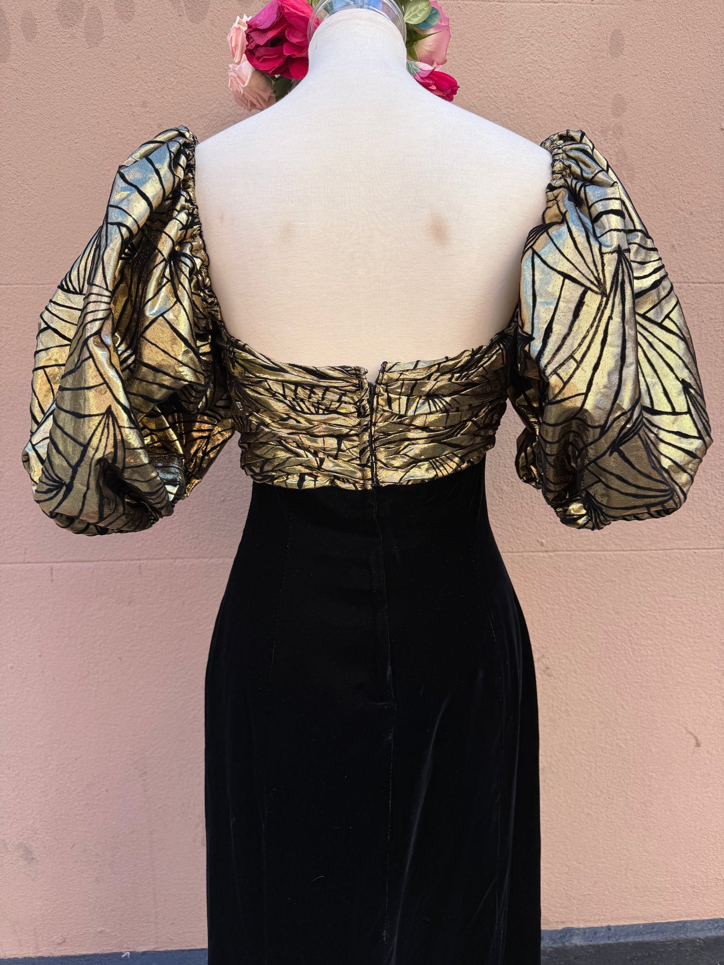 80s Victor Costa Gold Puff Sleeve Gown