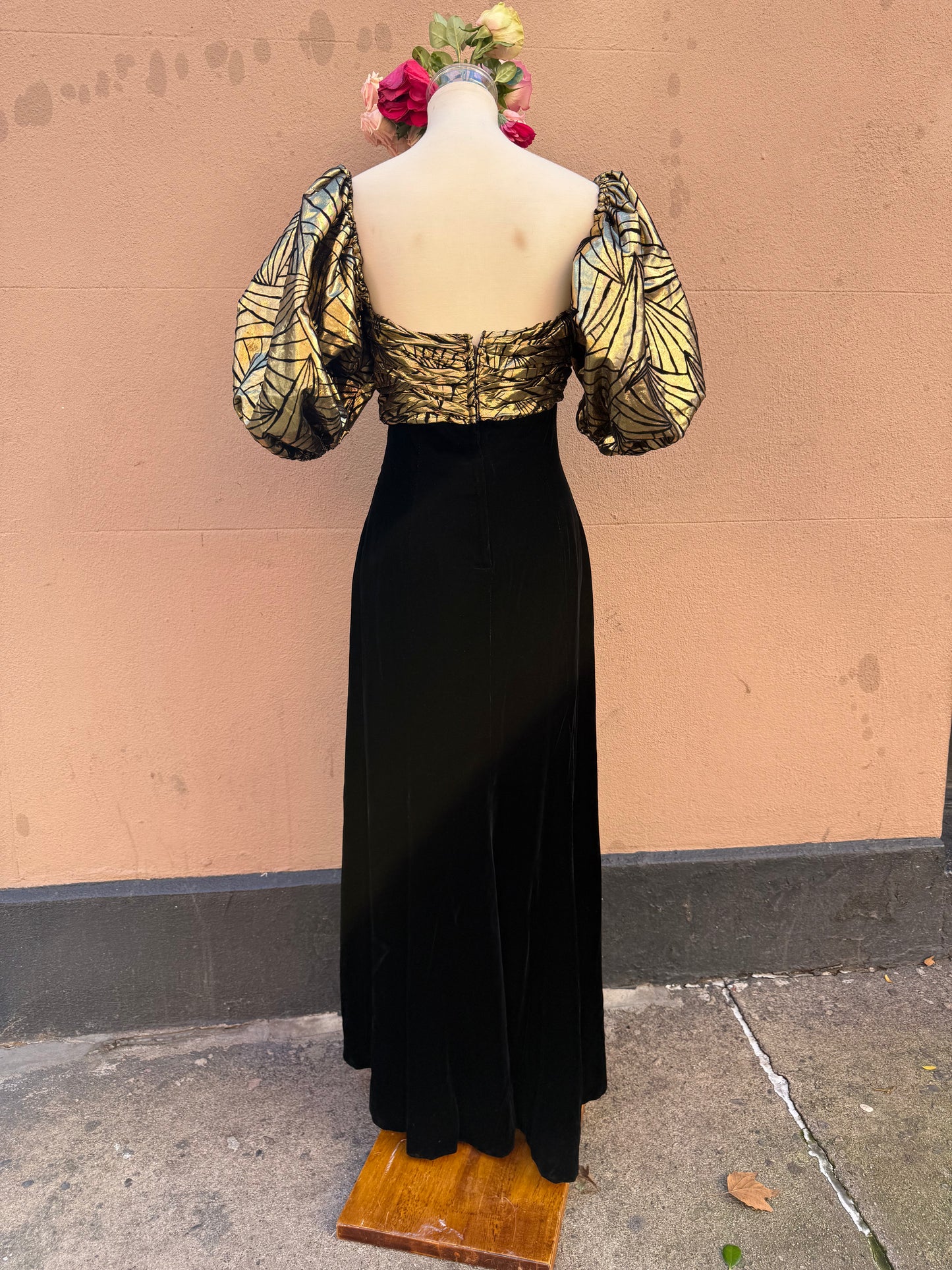 80s Victor Costa Gold Puff Sleeve Gown