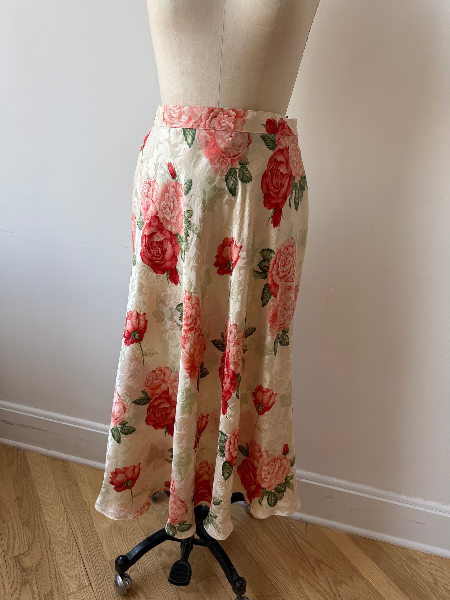 90s silk floral print midi skirt