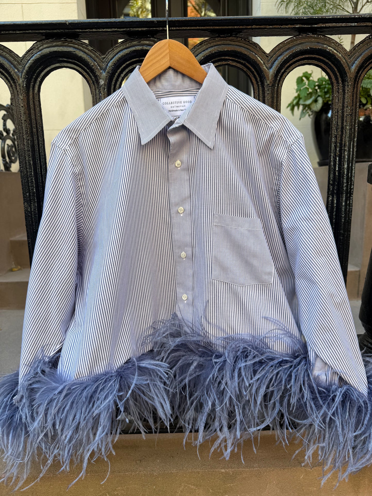 The Colette Feather Shirt - White/Navy Pinstripe & Denim