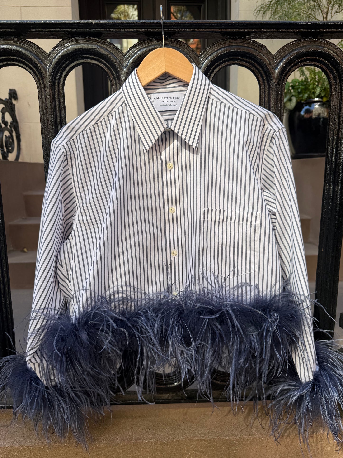 The Colette Feather Shirt - Pinstripe & Navy