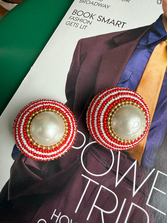 Vintage Red & White large button earrings