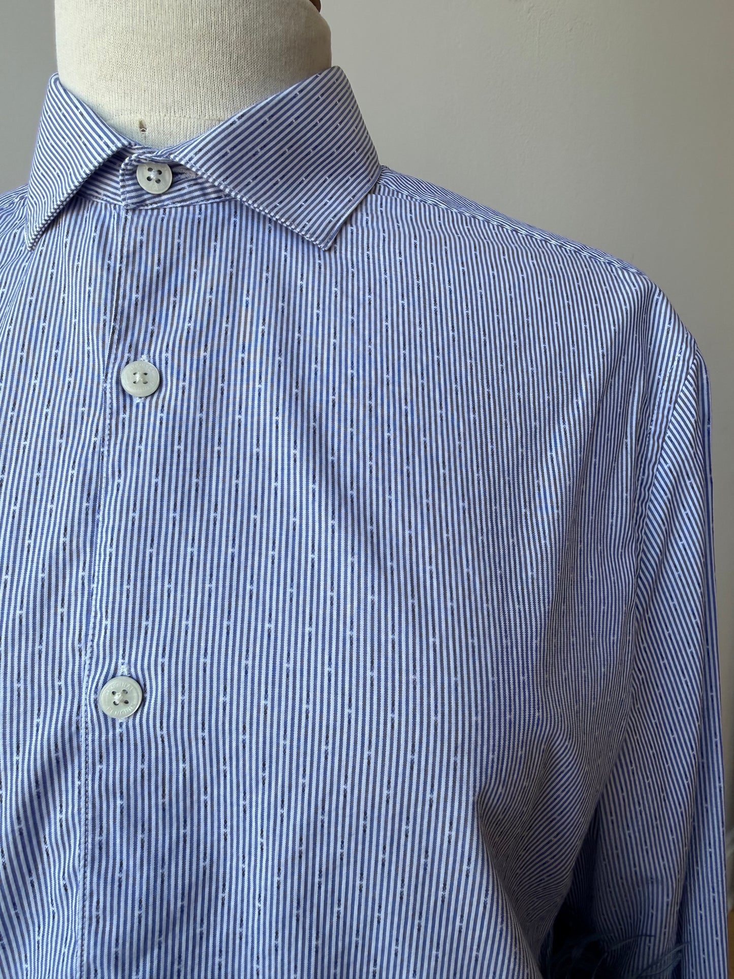 The Colette Feather Shirt - blue pinstripe microdot & denim