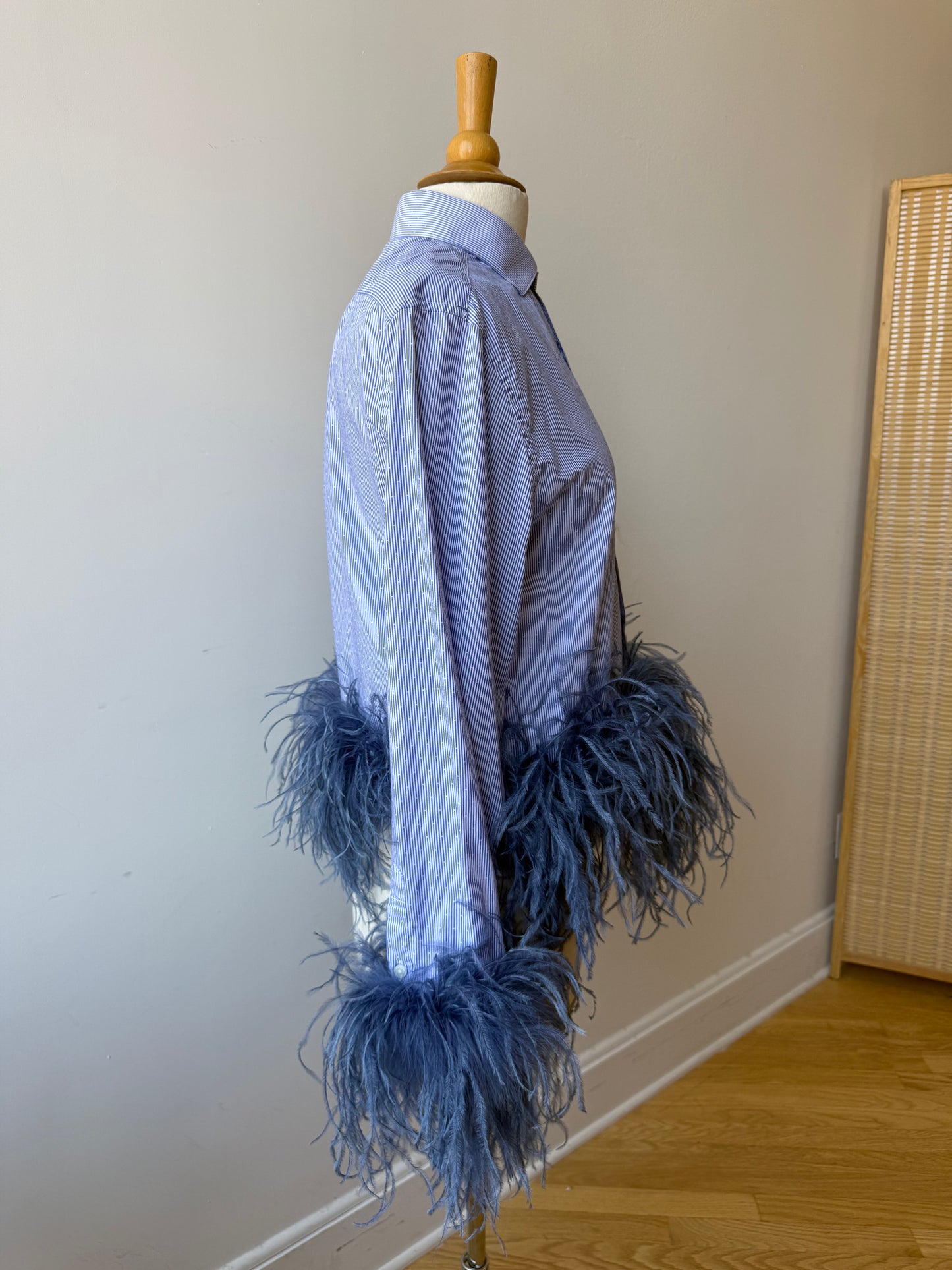 The Colette Feather Shirt - blue pinstripe microdot & denim