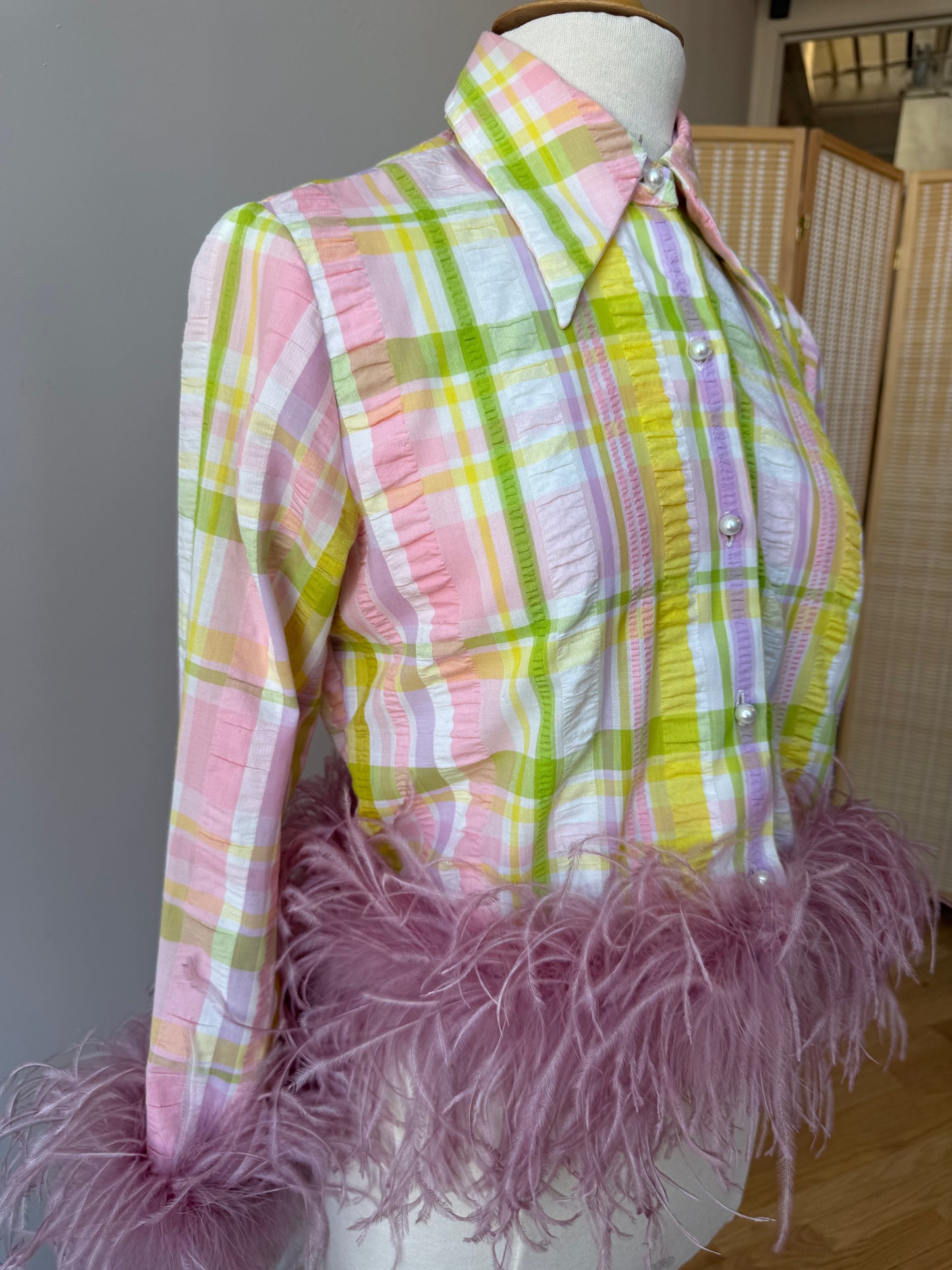 The Colette Feather Shirt - Pastel Stripe & Dusty Rose