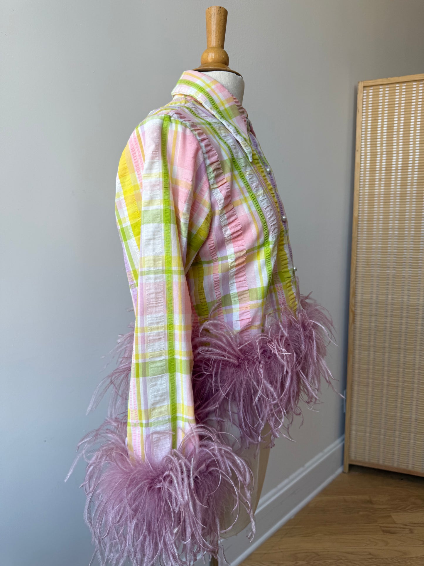 The Colette Feather Shirt - Pastel Stripe & Dusty Rose