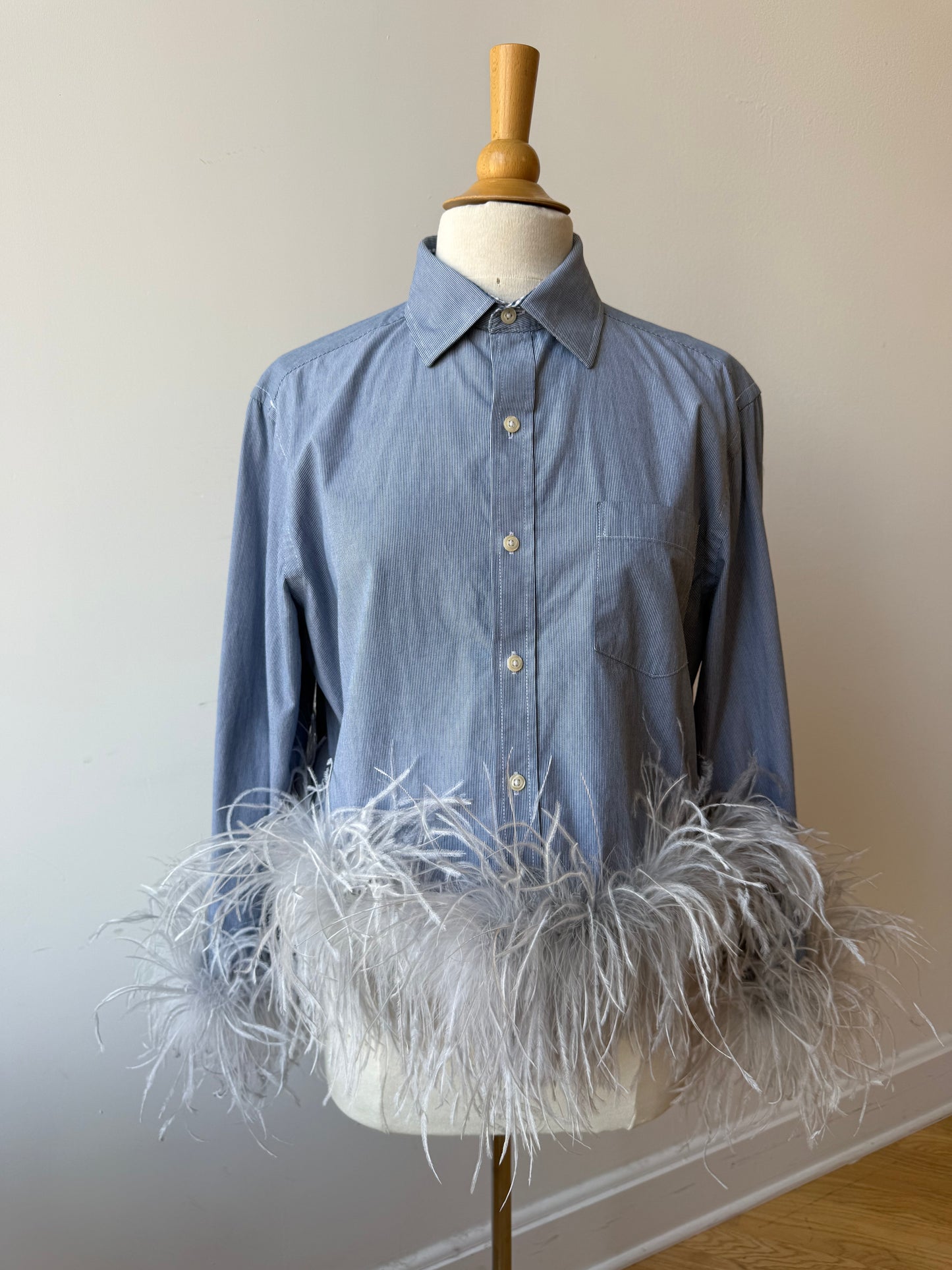 The Colette Feather Shirt - blue pinstripe & grey