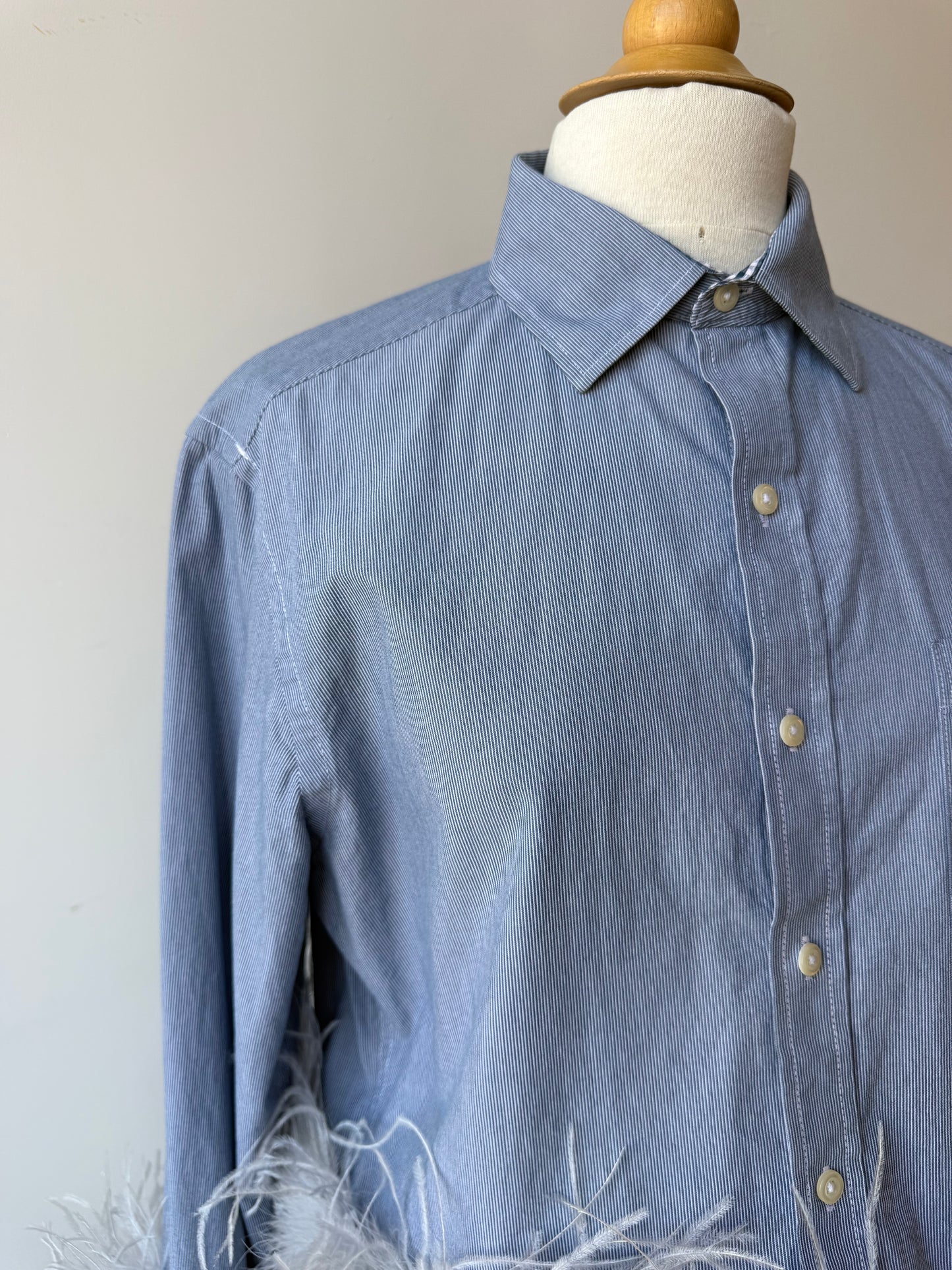 The Colette Feather Shirt - blue pinstripe & grey