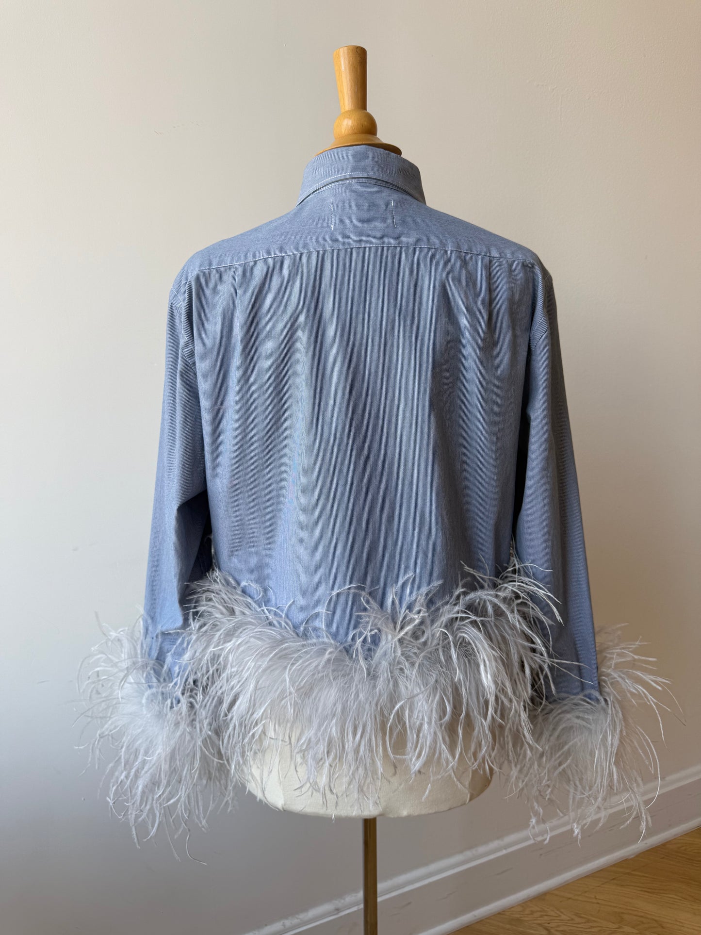 The Colette Feather Shirt - blue pinstripe & grey
